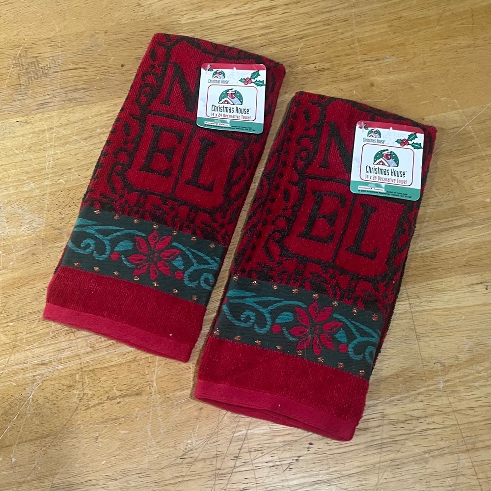 Vtg 2002 Christmas House Noel Decorative Hand Towels Set of 2 Red Black 14x24